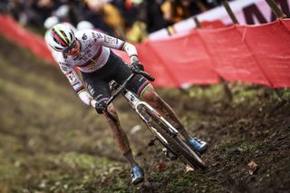 Dutch Fem Van Empel pictured in action during the women's elite race at the World Cup cyclocross cycling event in Namur, Belgium, stage 4 (out of 12) of the UCI World Cup cyclocross competition, Sunday 15 December 2024. BELGA PHOTO DAVID PINTENS (Photo by DAVID PINTENS / BELGA MAG / Belga via AFP)