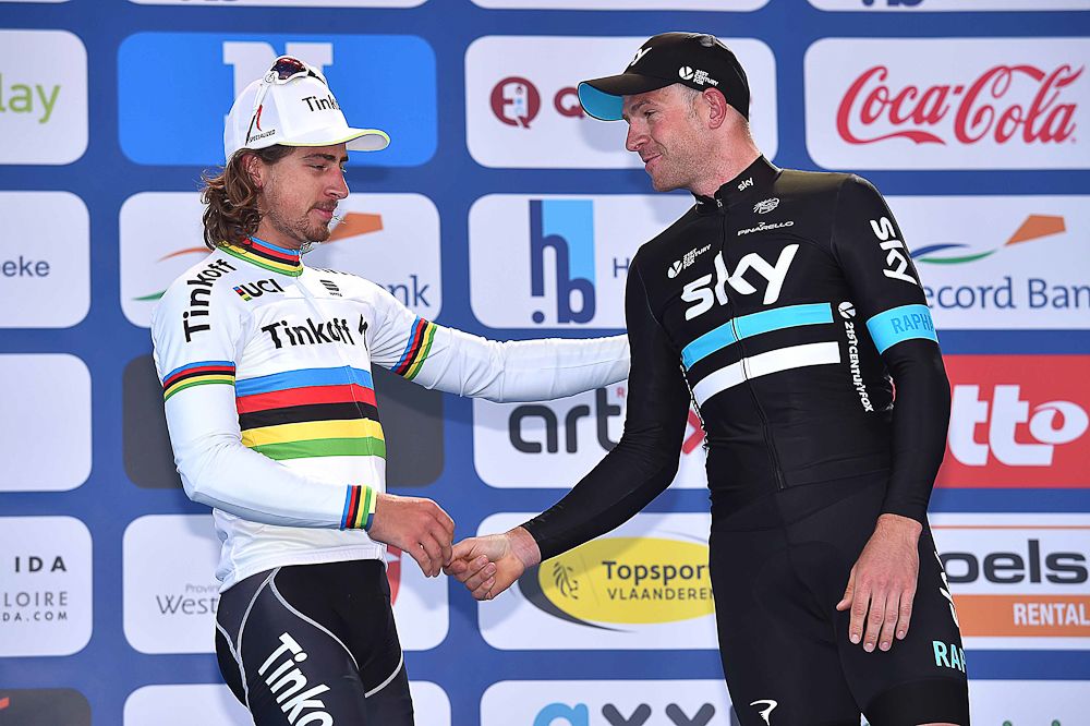 Peter Sagan and Ian Stannard greet each other on the E3 Harelbeke podium.