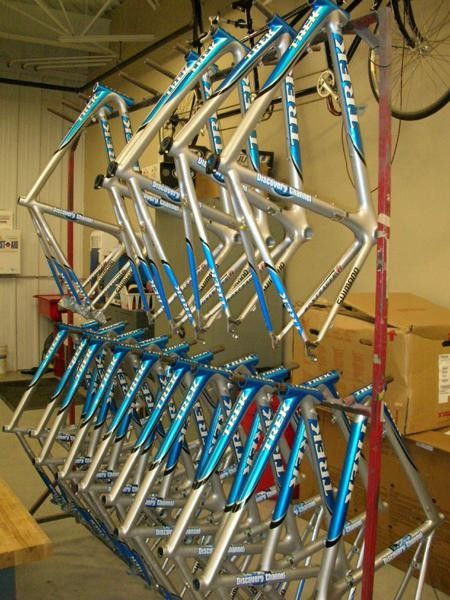 Rack O' Rigs: A raft of Discovery Channel's '06 Trek Madone SL frames in prep phase, prior to team delivery for their first training camp in Solvang, California.