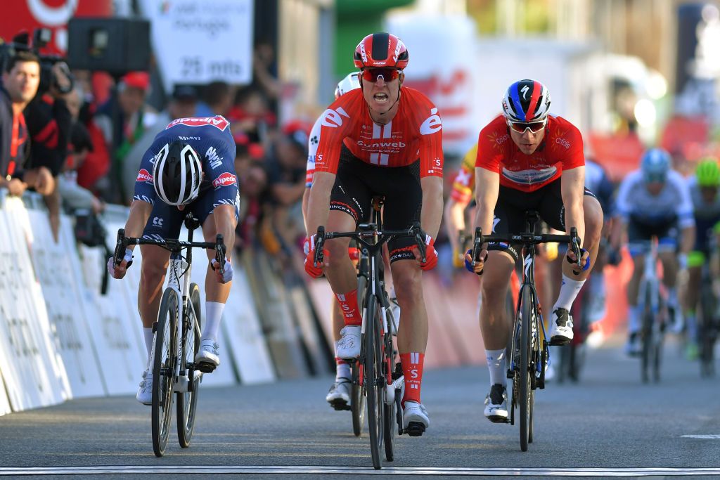 TAVIRA PORTUGAL FEBRUARY 21 Arrival Sprint Cees Bol of The Netherlands and Team Sunweb Sacha Modolo of Italy and Team AlpecinFenix Fabio Jakobsen of The Netherlands and Team Deceuninck Quick Step Red Points Jersey during the 46th Volta ao Algarve 2020 Stage 3 a 2019Km stage from Faro to Tavira VAlgarve2020 on February 21 2020 in Tavira Portugal Photo by Tim de WaeleGetty Images