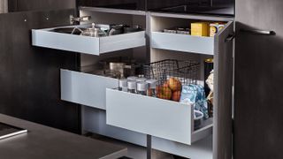 Drawers in a kitchen cabinet