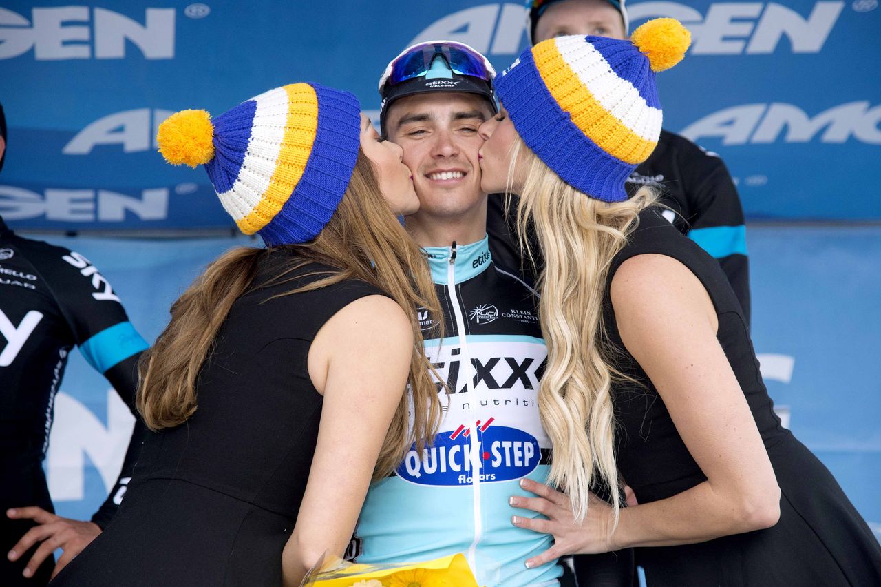 Julian Alaphilippe (Etixx-Quickstep) celebrates stage victory on the podium