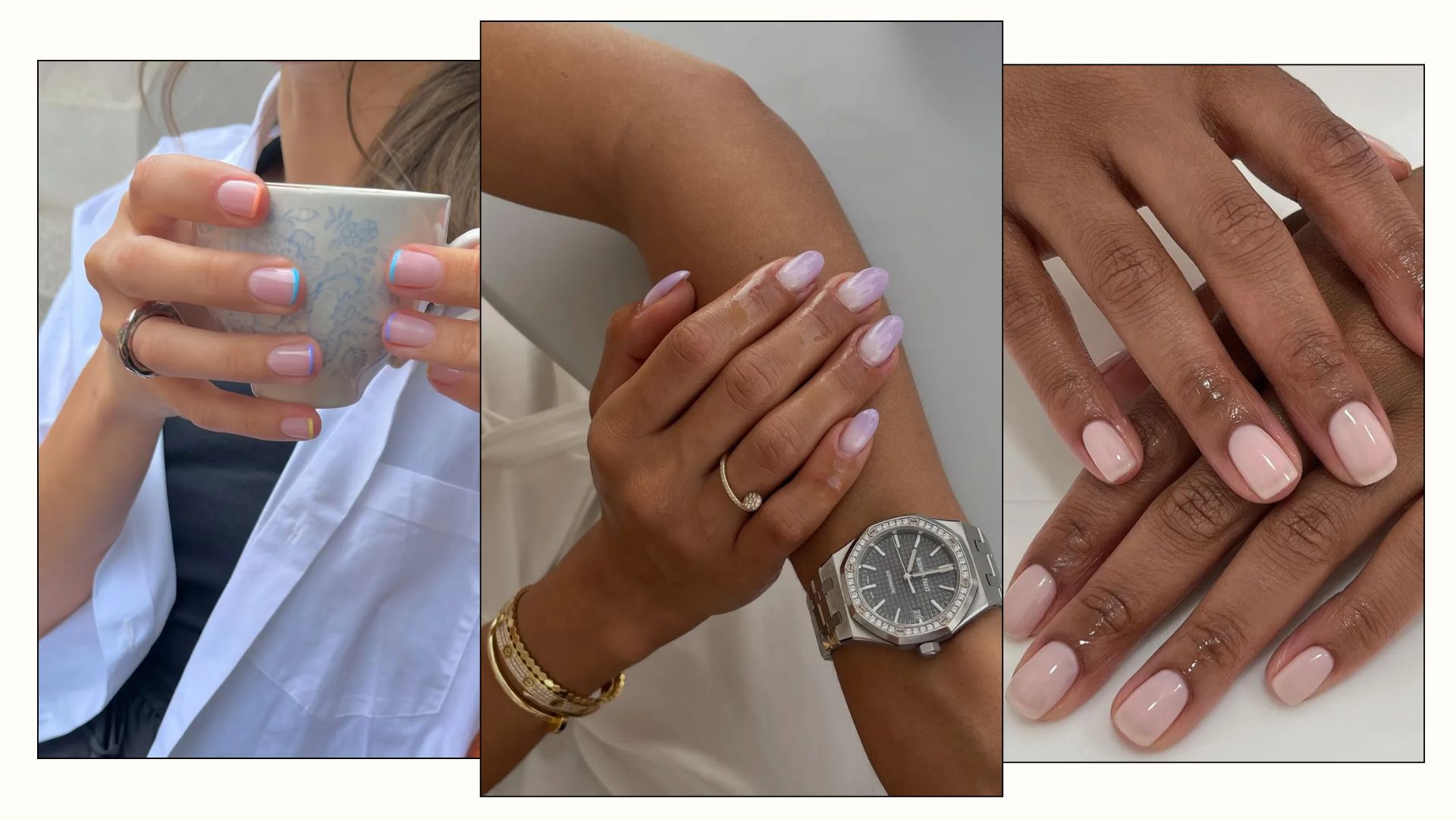 A collage of spring nail trends, including colourful French tips, a purple manicure and a milky manicure