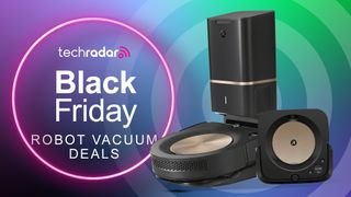 robot vacuum on a multicolored background next to TechRadar Black Friday deals logo