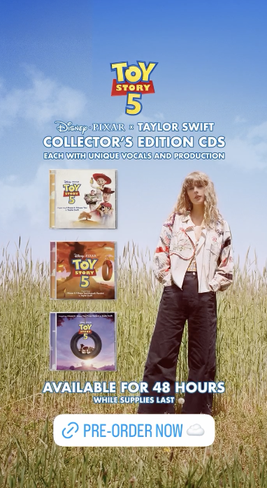 Taylor Swift wore a patchwork jacket and brown pants to announce her 'Toy Story 5' single