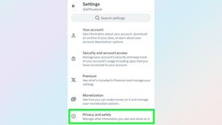 A screenshot of the settings menu on X/Twitter with the Privacy menu highlighted in green