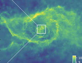 This still image from Northwestern University's new simulation shows the center of a massive galaxy, where a supermassive black hole exists.