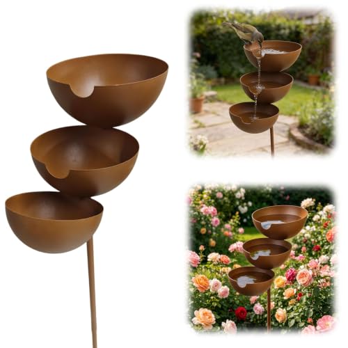 Zffafur 3 Tier Rustic Metal Garden Stake With Rain Catching Bowls for Birds, Stacked Feeder &amp;amp; Bath Set in Antique Bronze Outdoor Yard Decor for Hummingbirds Bees &amp;amp; Butterflies
