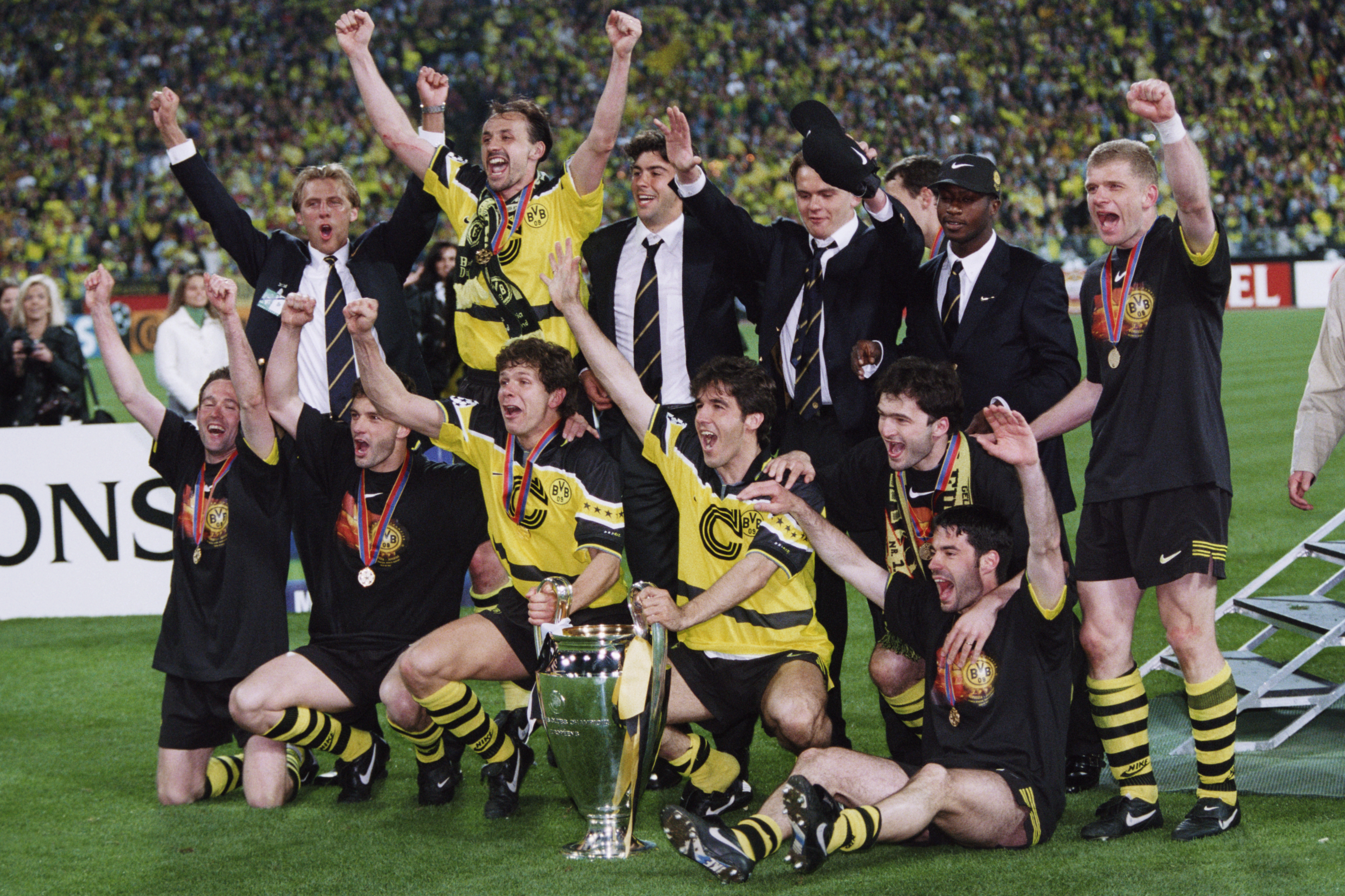Borussia Dortmund players celebrate their Champions League final win over Juventus in May 1997.