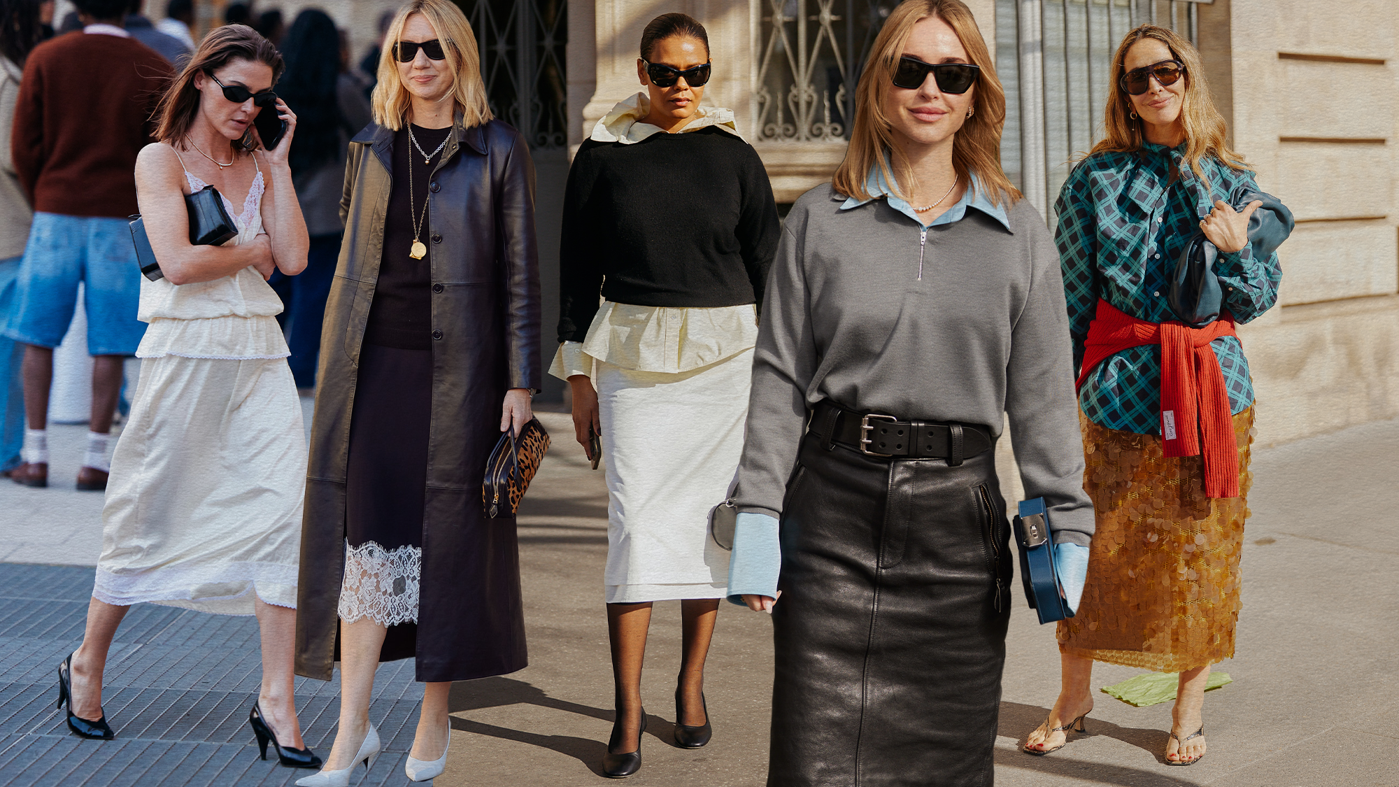 a collage of street style images from Paris Fashion Week featuring the top spring 2026 skirt trends