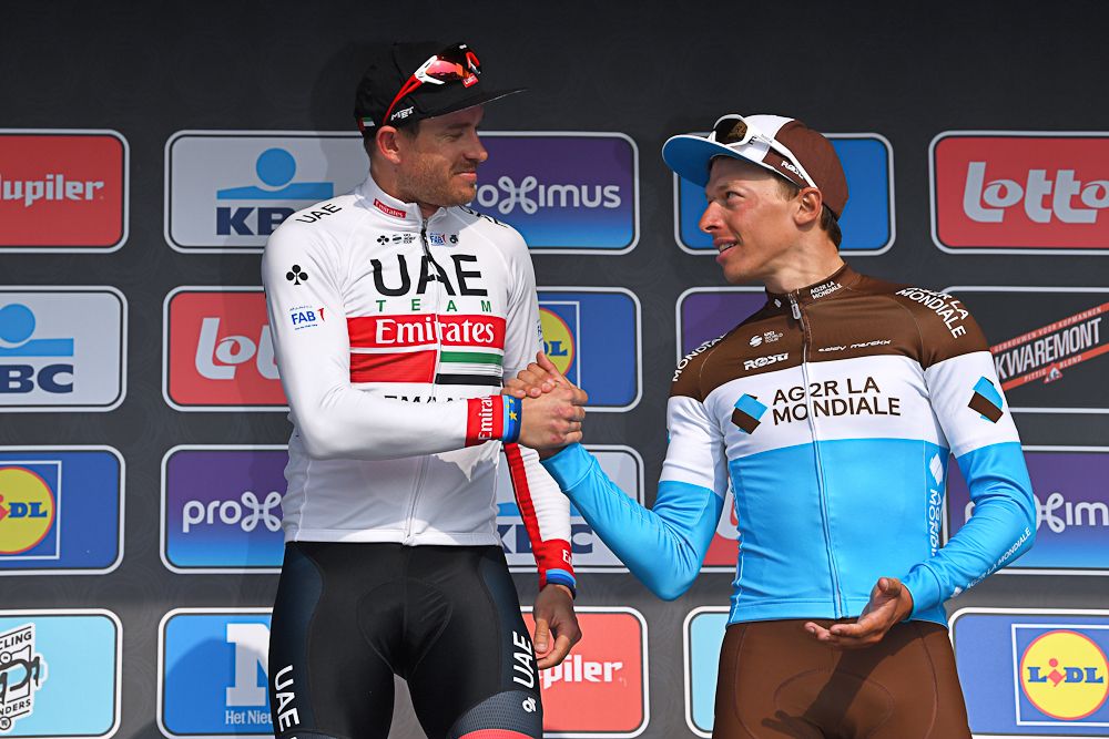 Alexander Kristoff and Oliver Naesen on the Gent-Wevelgem podium