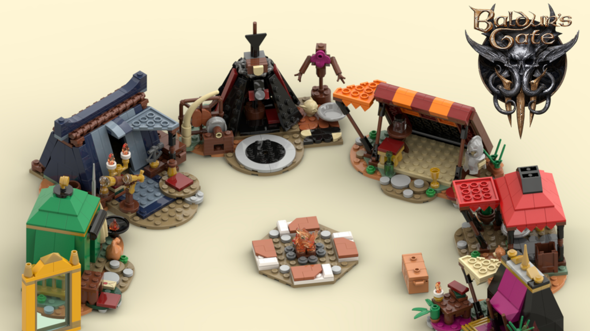 A Lego mockup of Baldur's Gate 3 camp tents on a beige background with the Baldur's Gate 3 logo in the top right-hand corner, made by user Hanilo on Rebuildable