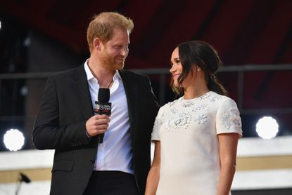 Prince Harry and Meghan Markle speak during the 2021 Global Citizen Live festival at the Great Lawn, Central Park on September 25, 2021 in New York City.