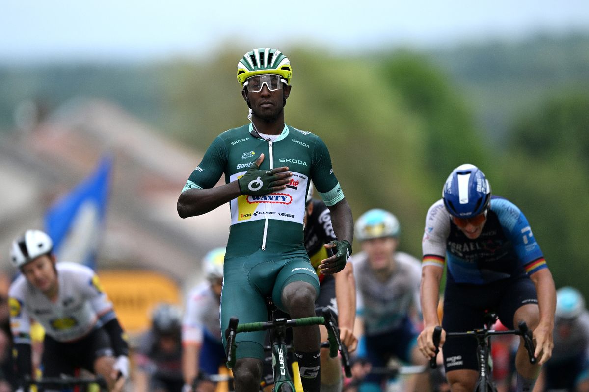 COLOMBEY-LES-DEUX-EGLISES, FRANCE - JULY 06: Biniam Girmay of Eritrea and Team Intermarche - Wanty - Green Sprint Jersey celebrates at finish line as stage winner during the 111th Tour de France 2024, Stage 8 a 183.4km stage from Semur-en-Auxois to Colombey-les-Deux-Eglises 352m / #UCIWT / on July 06, 2024 in Colombey-les-Deux-Eglises, France. (Photo by Tim de Waele/Getty Images)