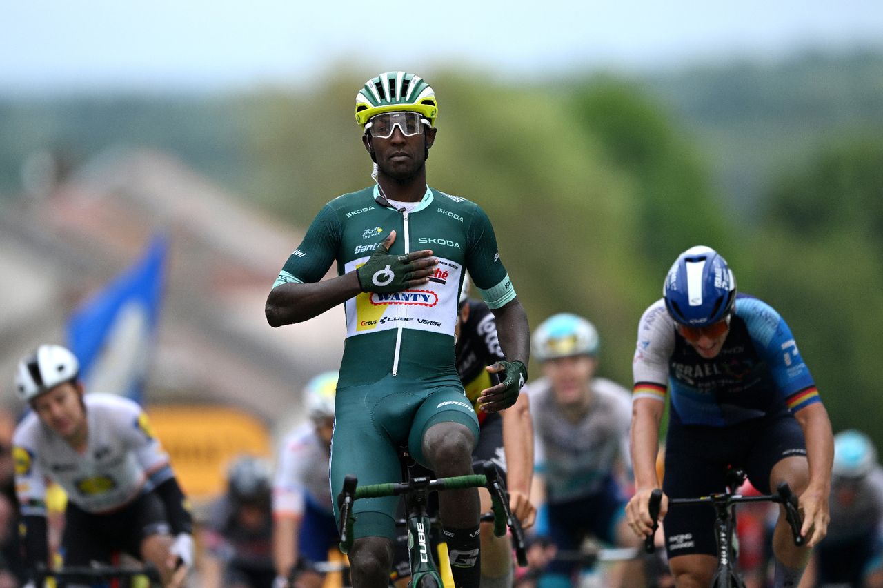 COLOMBEY-LES-DEUX-EGLISES, FRANCE - JULY 06: Biniam Girmay of Eritrea and Team Intermarche - Wanty - Green Sprint Jersey celebrates at finish line as stage winner during the 111th Tour de France 2024, Stage 8 a 183.4km stage from Semur-en-Auxois to Colombey-les-Deux-Eglises 352m / #UCIWT / on July 06, 2024 in Colombey-les-Deux-Eglises, France. (Photo by Tim de Waele/Getty Images)