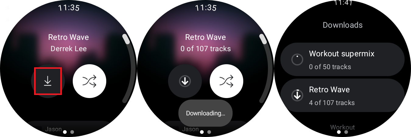 Downloading content on the YouTube Music Wear OS app