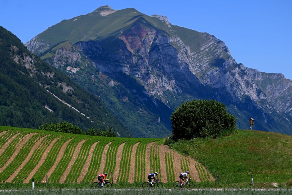 ALDENO ITALY JULY 08 LR Cecilie Uttrup Ludwig of Denmark Marta Cavalli of Italy and Team FDJ Nouvelle Aquitaine Futuroscope and Margarita Victoria Garcia Caellas of Spain and UAE Team Adq compete during the 33rd Giro dItalia Donne 2022 Stage 8 a 1047km stage from Rovereto to Aldeno GiroDonne UCIWWT on July 08 2022 in Aldeno Italy Photo by Dario BelingheriGetty Images