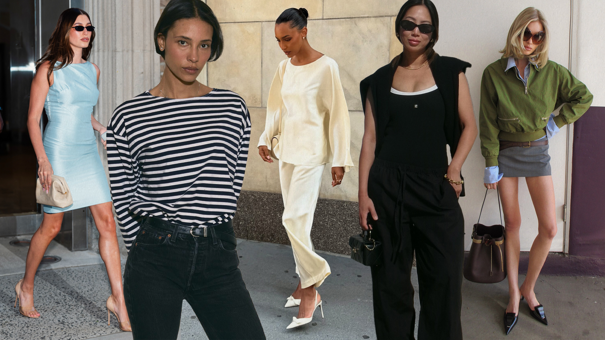 A collage of stylish moms in L.A. wearing dresses, skirt, and jean outfits.