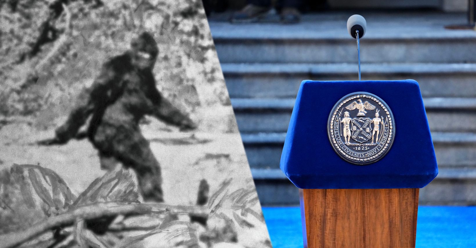 A still of alleged bigfoot from the famous bigfoot footage; An empty podium before an inauguration ceremony for New York Mayor Zohran Mamdani at City Hall in New York, US, on Thursday, Jan. 1, 2026.