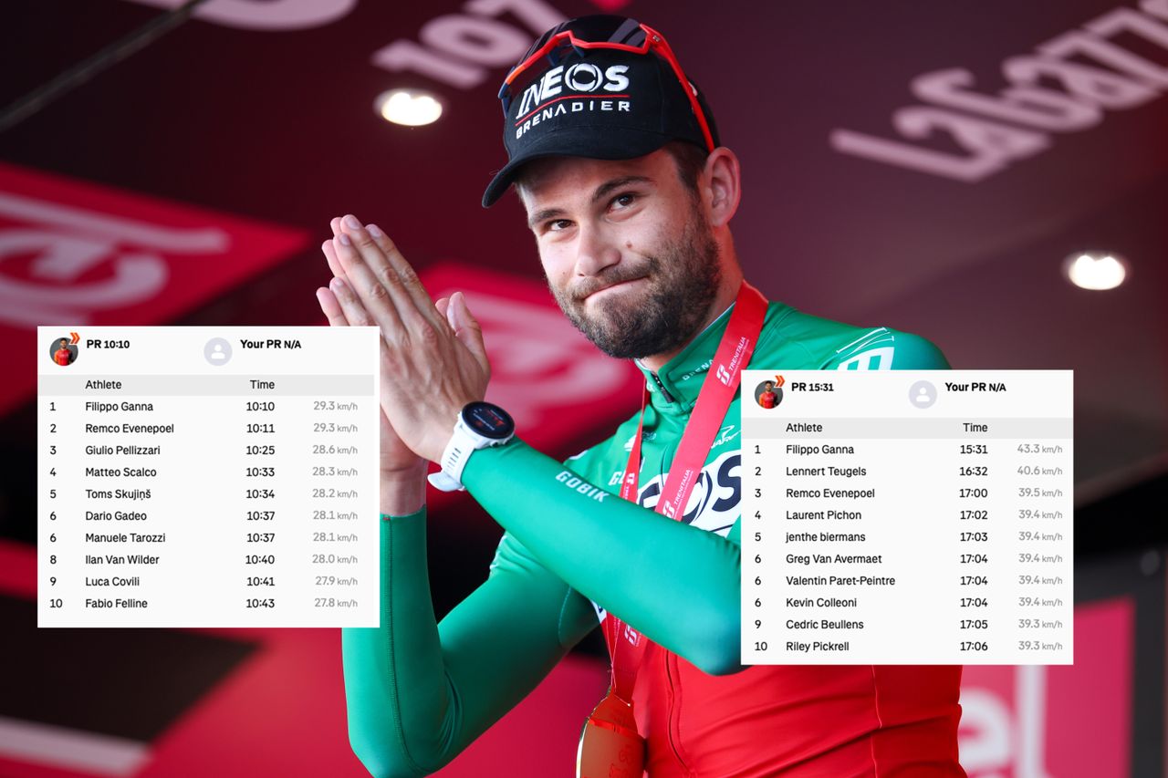 Filippo Ganna at the 2024 Giro d&#039;Italia, with Strava leaderboards overlaid