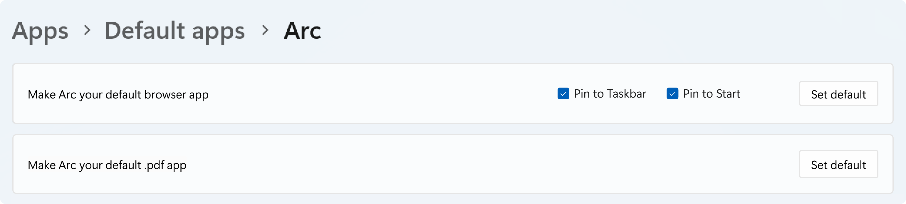 Windows 11 Default apps selection for default browsers with Arc