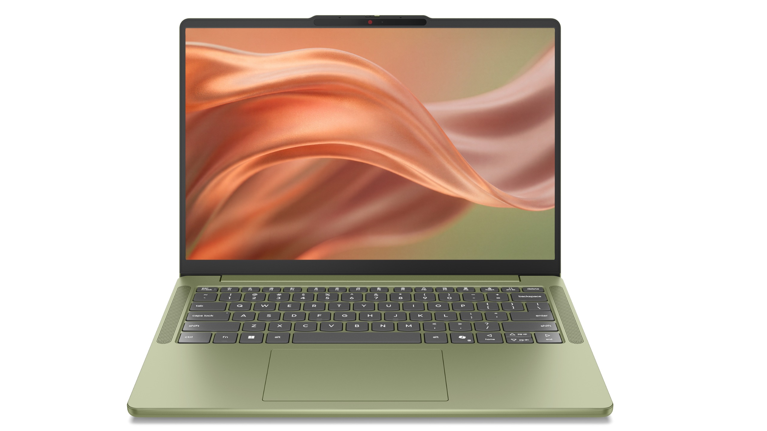 Straight-on front view of an open sage green Lenovo IdeaPad Vibe laptop displaying a warm metallic liquid wallpaper.