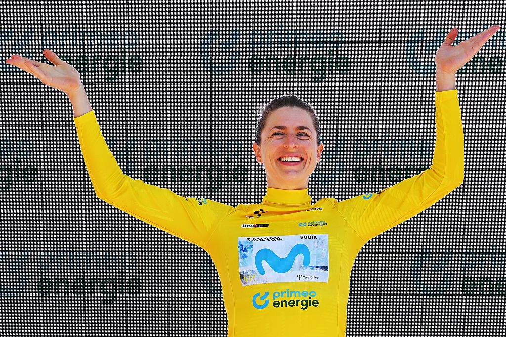 AARBURG, SWITZERLAND - JUNE 20: Marlen Reusser of Switzerland and Team Movistar celebrates at podium as Yellow Leader Jersey winner during the 89th Tour de Suisse 2026, Stage 4 a 23.7km individual time trial stage from Aarburg to Aarburg / #UCIWT / on June 20, 2026 in Aarburg, Switzerland. (Photo by Tim de Waele/Getty Images)