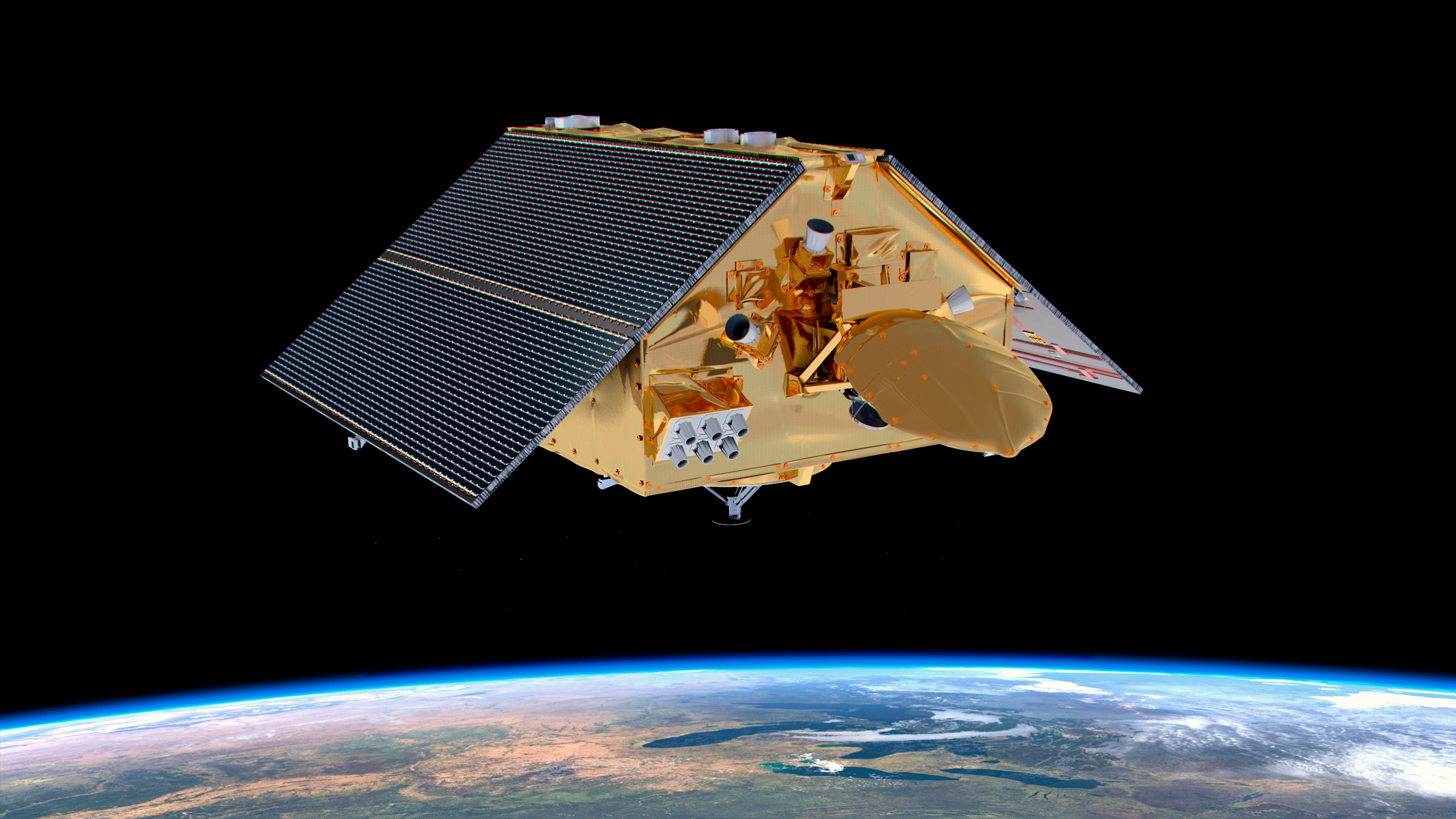 In this illustration, the Michael Freilich Sentinel-6 satellite measures ocean height from space.