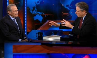 Jon Stewart came out swinging during his extended 30-minute interview with former defense secretary Donald Rumsfeld. 