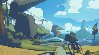 Wheel Wold developer interview; a person rides a bike down a trial in a colourful breezy cartoon world