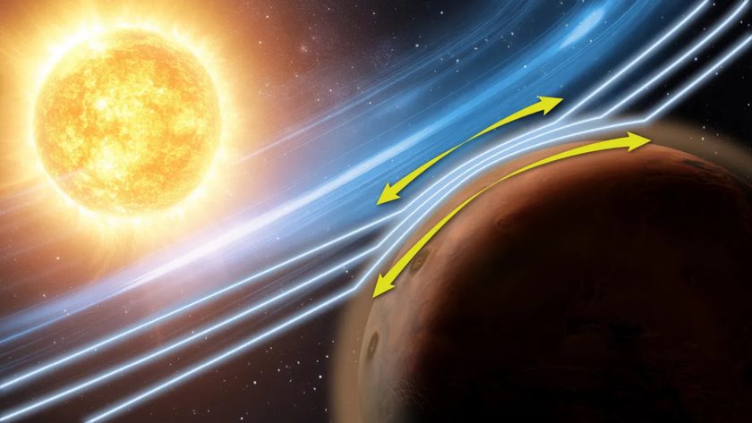 An illustration showing the sun in the background and Mars in the foreground.
