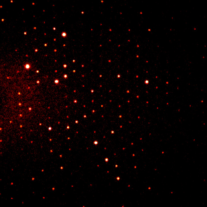 X-ray scattering pattern from a porous compound studied for gas absorption. The sharp spots are indicative of a single crystal.