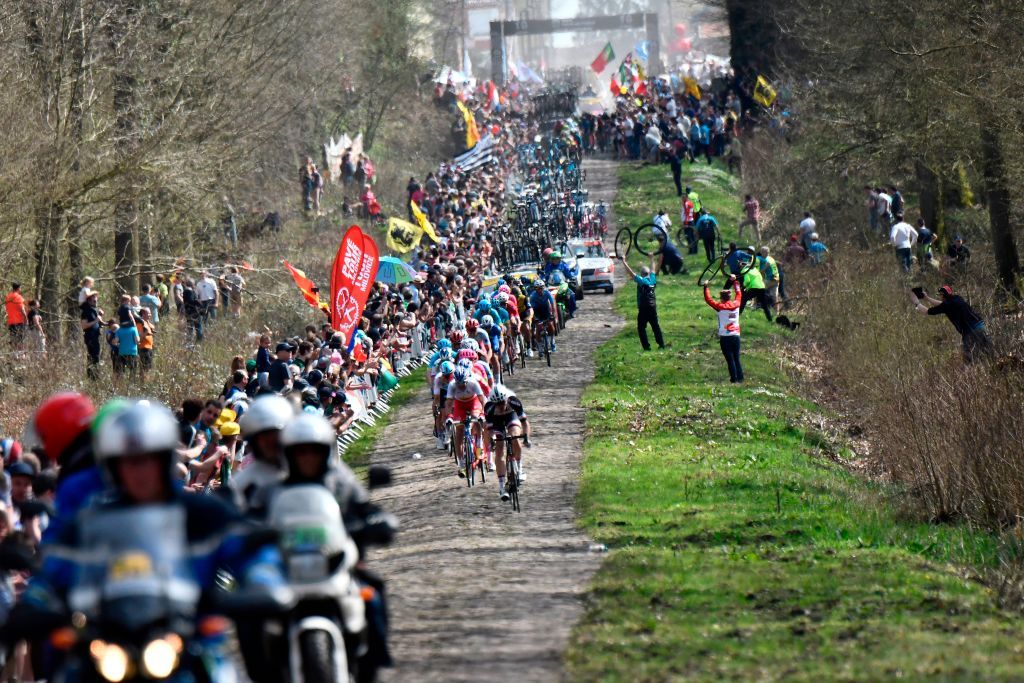 Cyclists compete during the 116th edition of the ParisRoubaix oneday classic cycling race between Compiegne and Roubaix on April 8 2018 at the Trouee dArenberg stage near Wallers northern France AFP PHOTO JEFF PACHOUD Photo credit should read JEFF PACHOUDAFP via Getty Images