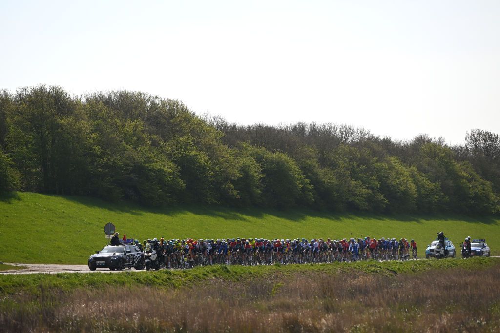 SCHOTEN BELGIUM APRIL 05 A general view of the peloton passing through a landscape competes during the 111th Scheldeprijs 2023 Mens Elite a 2053km one day race from Terneuzen to Schoten on April 05 2023 in Schoten Belgium Photo by Luc ClaessenGetty Images