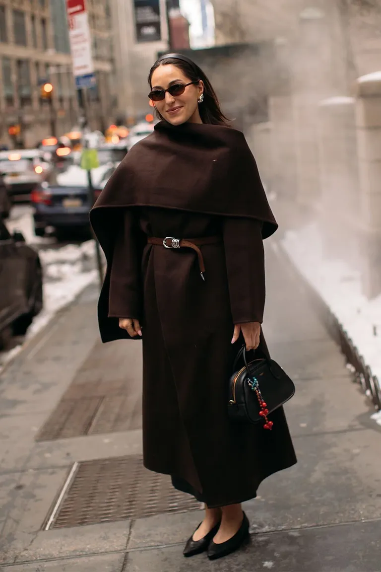 Anna LaPlaca wearing the Mara Double-Faced Coat from Almada Label