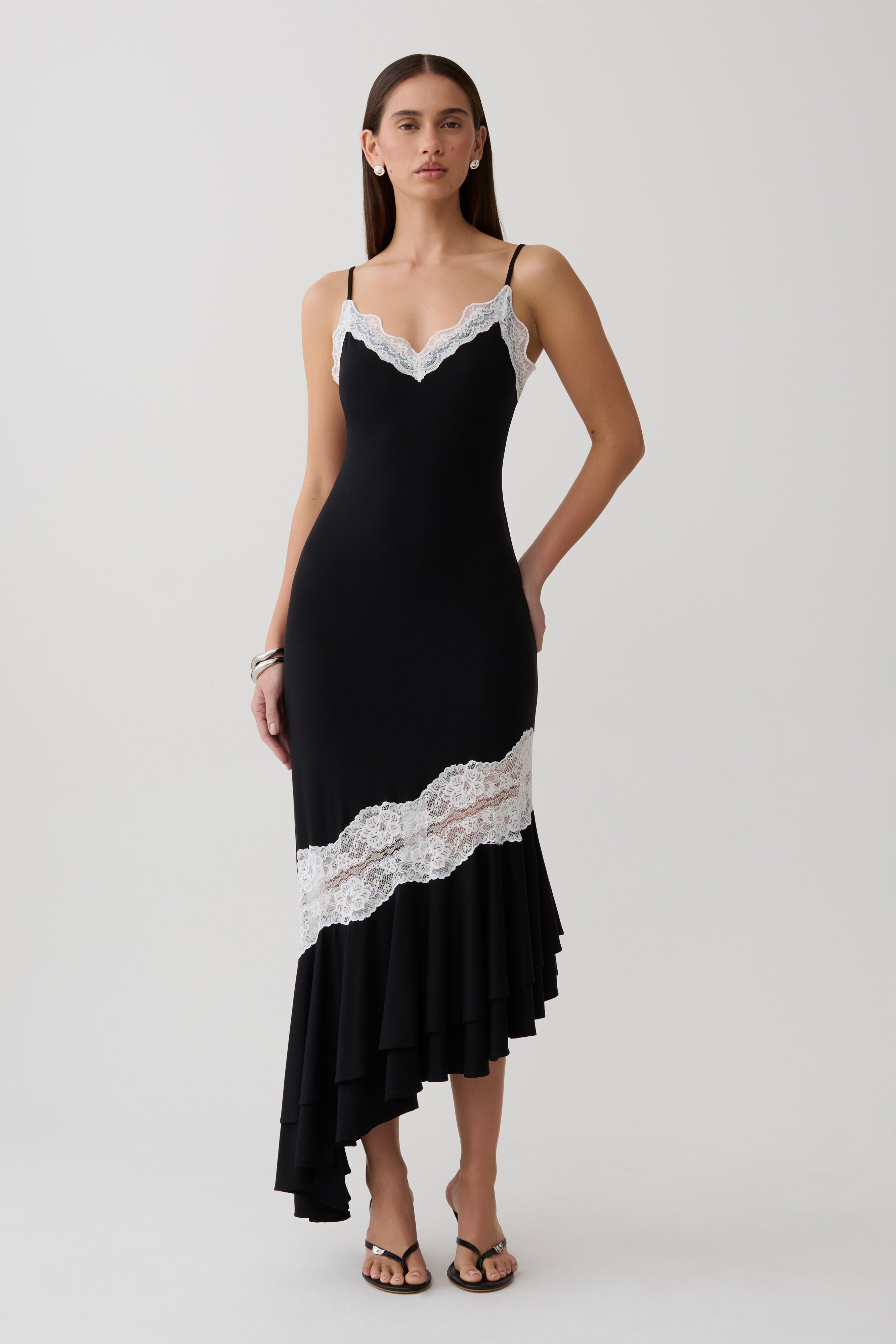 Annis Frilled Hem Lace Midi Dress - Black/white