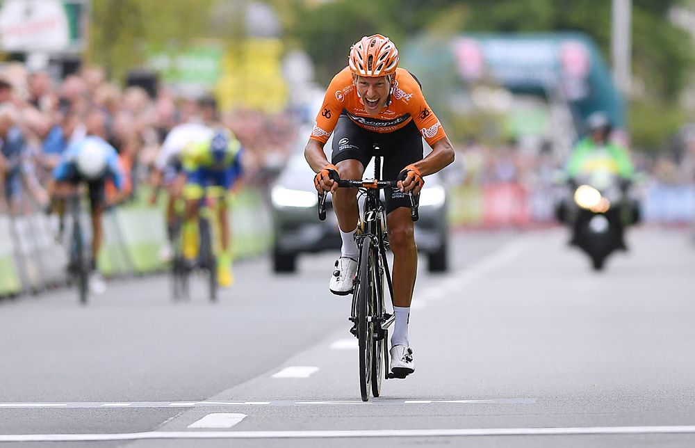 Taco Van Der Hoorn of Netherlands and Team Roompot-Nederlandse Loterij takes a solo victory at stage 3 of the BinckBank Tour