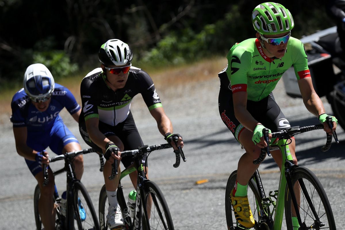Toms Skujins (Cannondale-Drapac) in the breakaway before he crashed out of the race