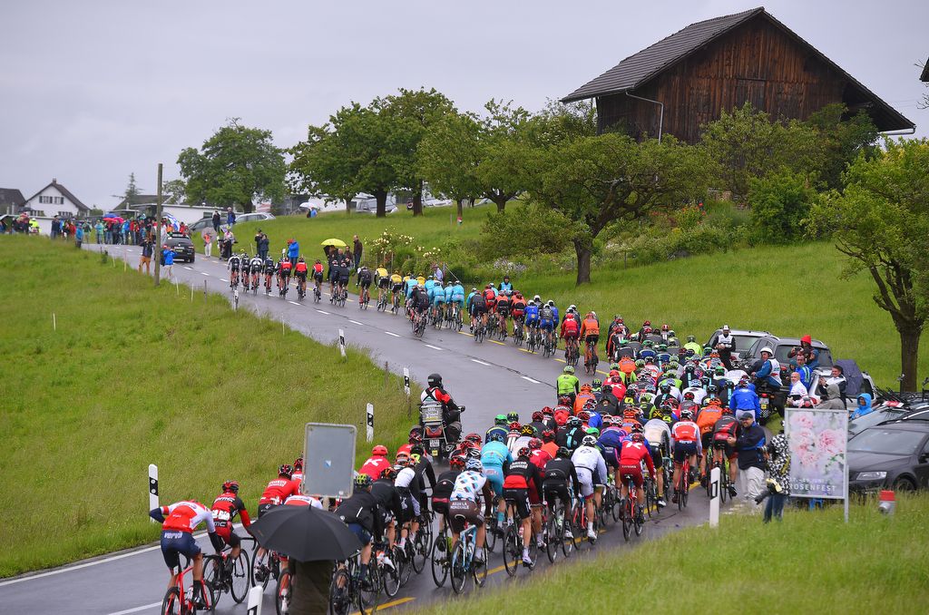 The peloton was wrapped up in wet weather gear for stage 2