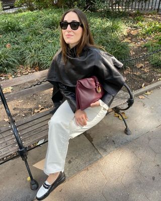 black jacket and white jeans outfit