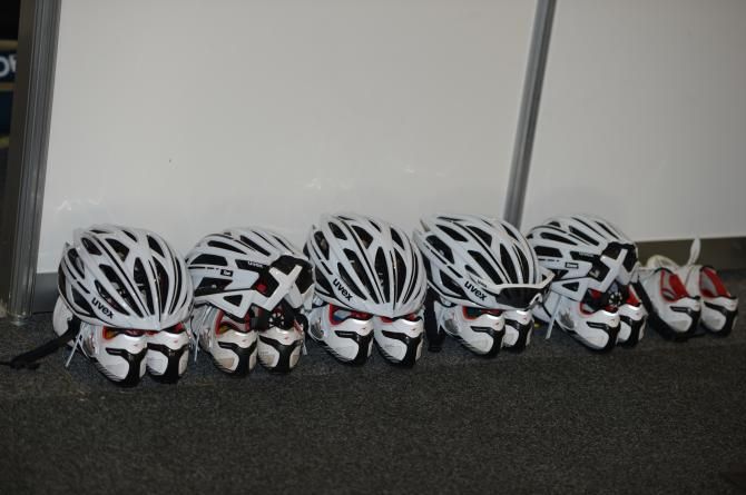 Argos-Shimano's helmets and shoes lined up neatly, there was no sign of the new jerseys though