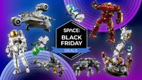 A selection of Lego Star Wars, Marvel and space sets on a purple background, arranged around a Space Black Friday badge.