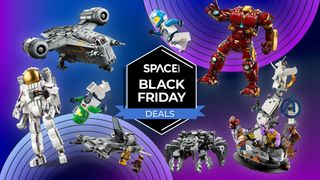 A selection of Lego Star Wars, Marvel and space sets on a purple background, arranged around a Space Black Friday badge.