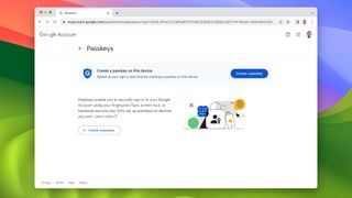 A Google account page where a user can create a passkey to secure their account.