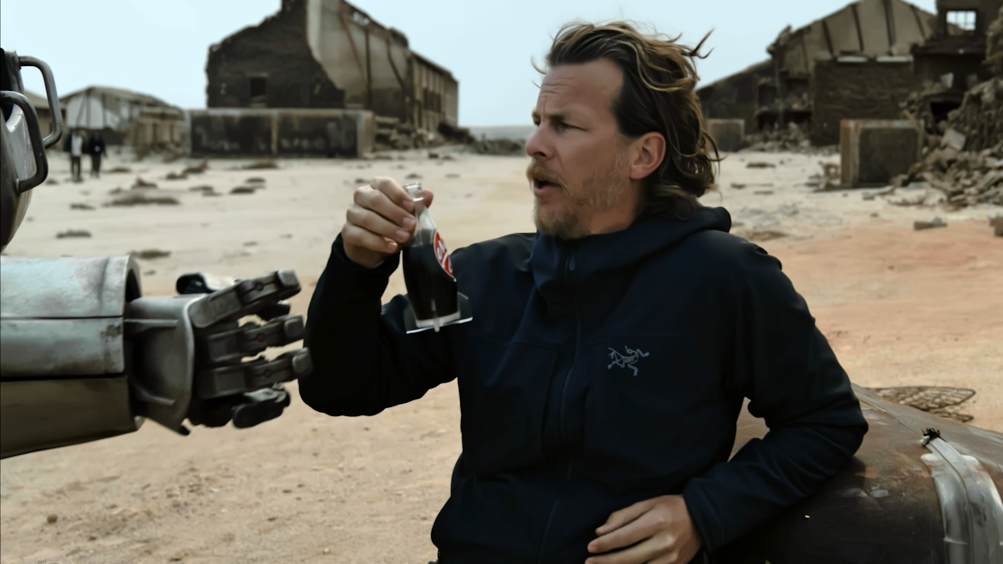 Jonathan Nolan Fallout dizisinin setinde Nuka-Cola içiyor