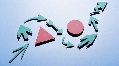 pink triangle and circle surrounded by teal arrows