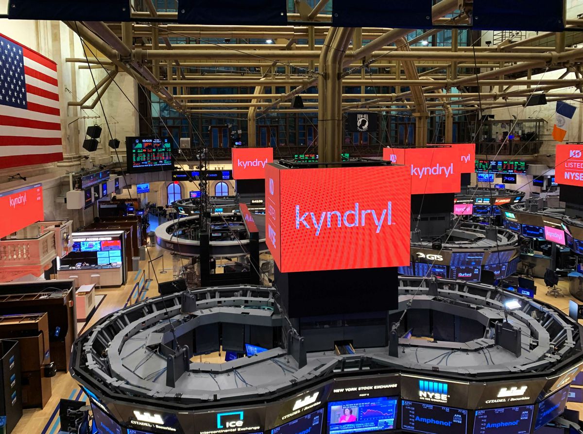 Kyndryl&amp;#039;s logo displayed on screens at the NYC stock exchange