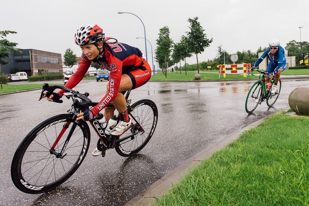 Lauren Hall navigates a wet corner during stage 3.