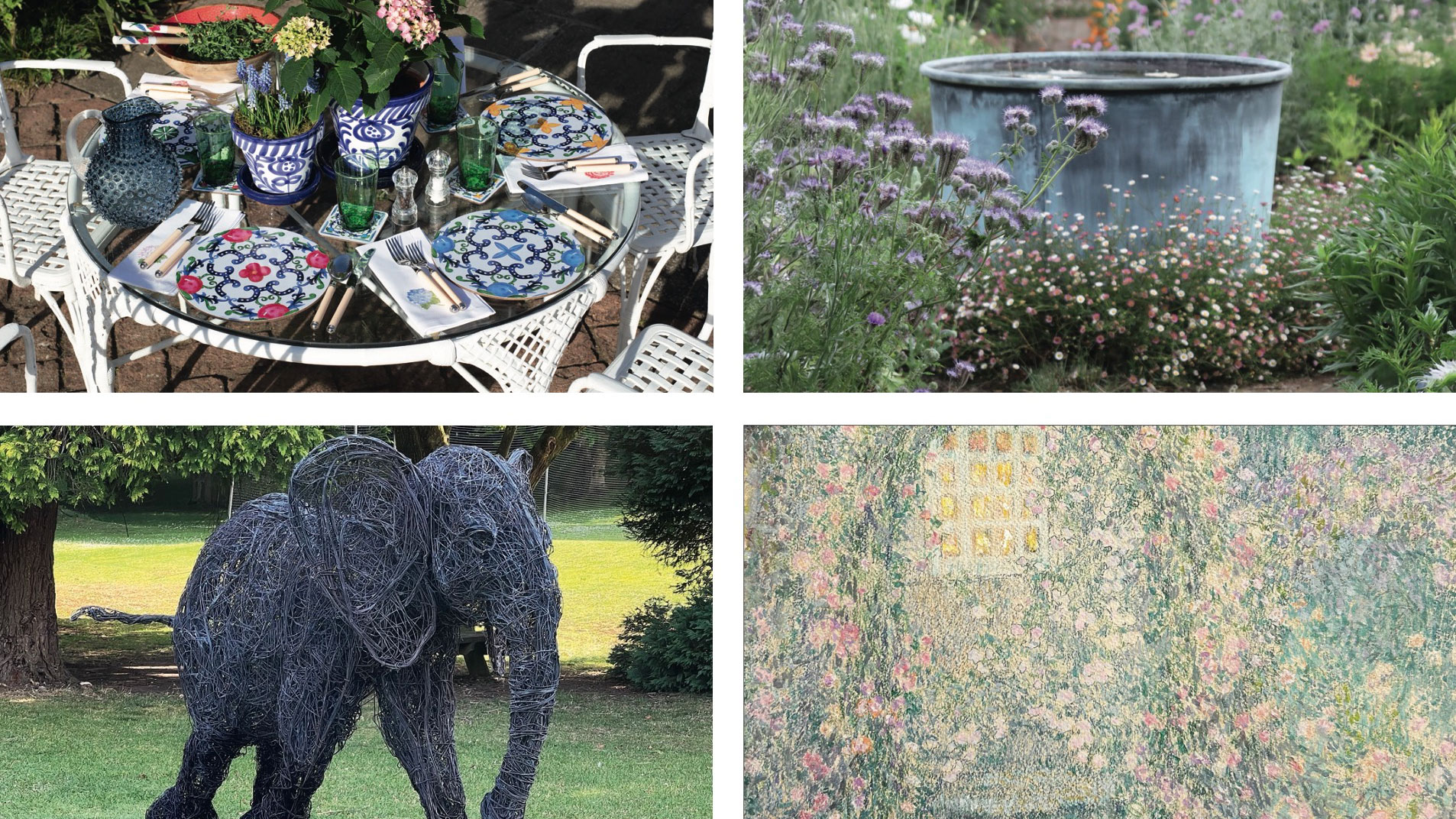 table, bucket, elephant and garden scene