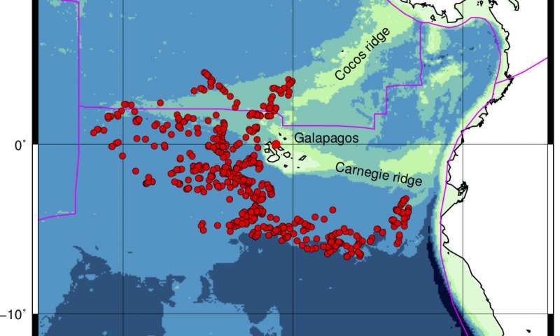 The red circles on this map represent seismic events, which helped floating &quot;MERMAIDs&quot; determine the shape of the magma under the islands.